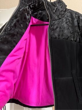 Black Puffer Jacket Colorblock Camo Print Cropped Zip Up